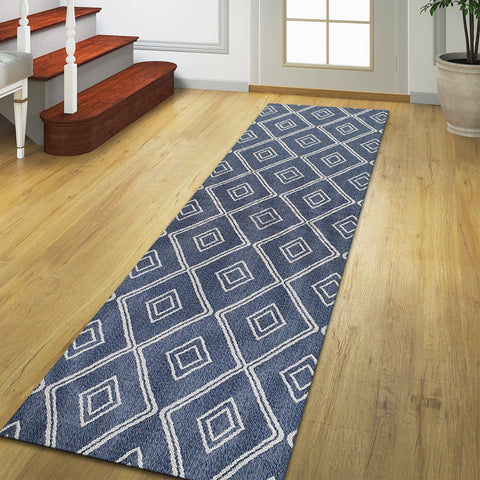 Cotton Rug Navy Blue Diamond Pattern Washable Runner Modern Woven Mat Carpet Small Extra Large