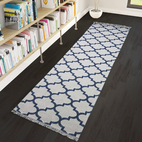 Runner Rug Cream Blue 300cm Cotton Machine Washable with Tassels Natural Runner for Bedroom Hallway