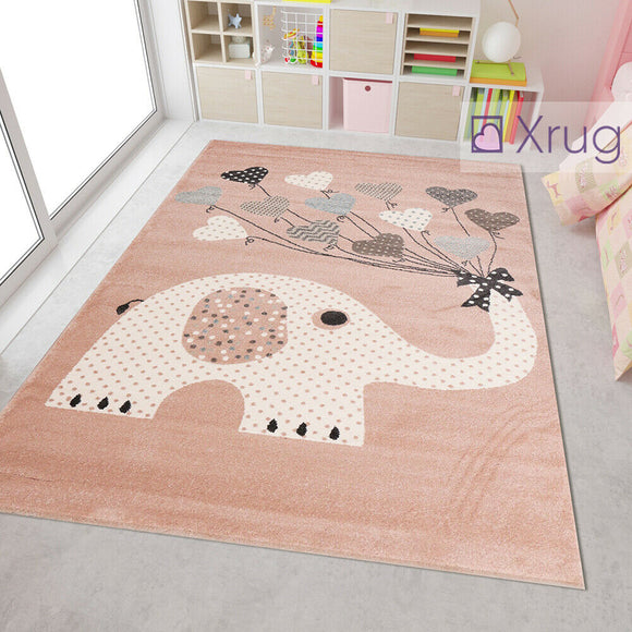 Elephant Nursery Rug Modern Kids Room Pink White Cream Mat Childrens Animal Baby Girl Bedroom Floor Carpet