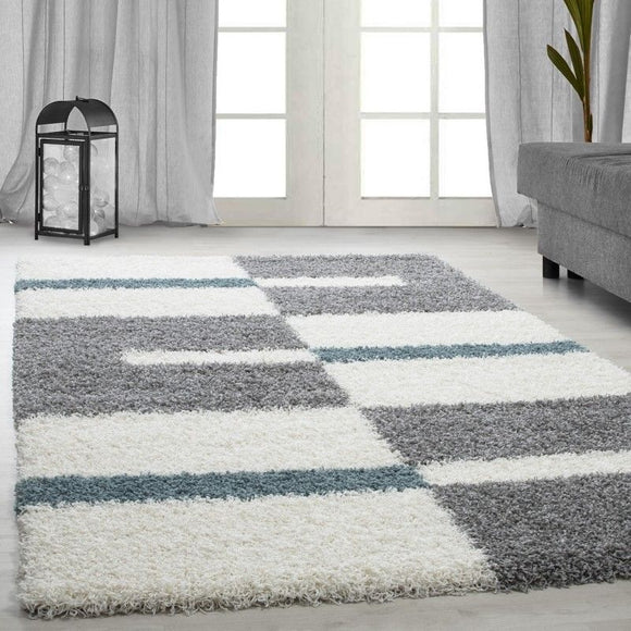 Fluffy Shaggy Rug White Grey Blue Geometric Pattern Mat Living Room Hall Carpets