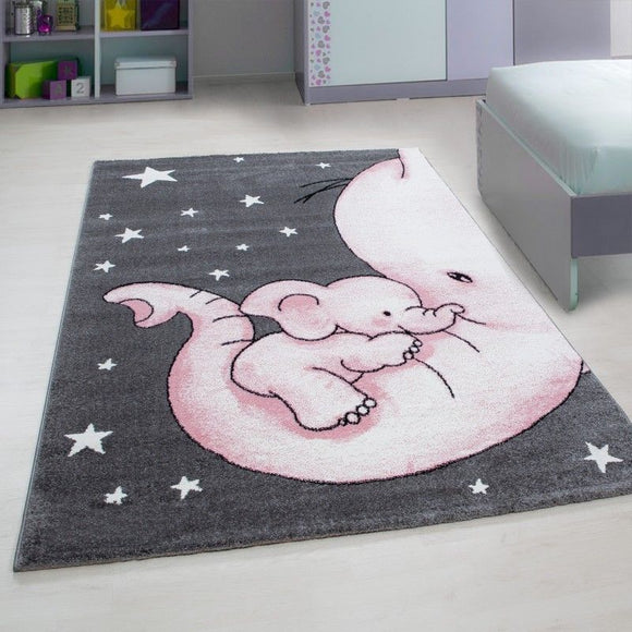 Childrens Animal Rug Grey Pink Elephant Nursery Carpet Kids Play Baby Room Mats