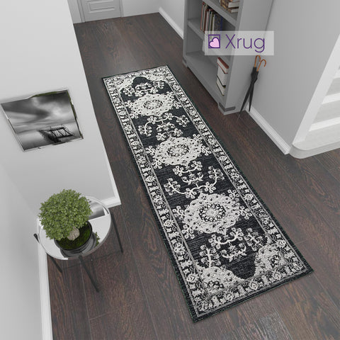 Oriental Rug Runner Black Washable 100% Cotton Carpet Woven Floor Mat Hall Hallway Runner