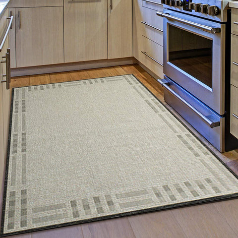 Kitchen Rug Grey Black Beige Border Pattern Hard Wearing Flat Weave Carpet Outdoor Indoor Floor Mat