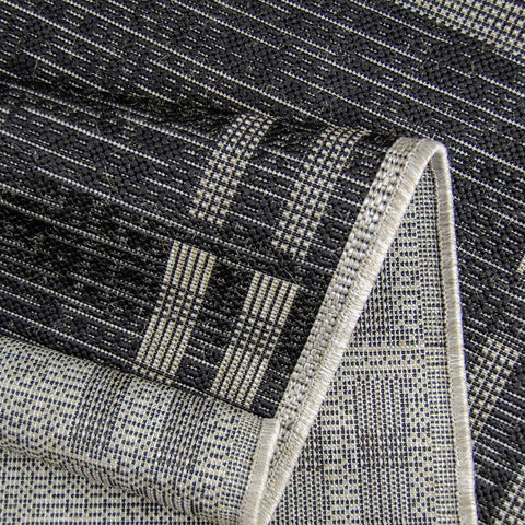 Kitchen Rug Black Grey Silver Border Pattern Hard Wearing Flat Weave Carpet Indoor Floor Mat