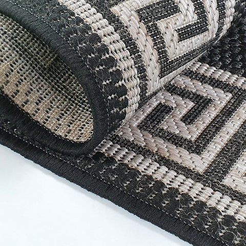 Black Rug Jute Look Flat Weave Hard Wearing Woven Carpet Grey Versace Style Bordered Geometric Pattern Small Large Hall Runner 60x230 80x150 80x250 120x170 160x230