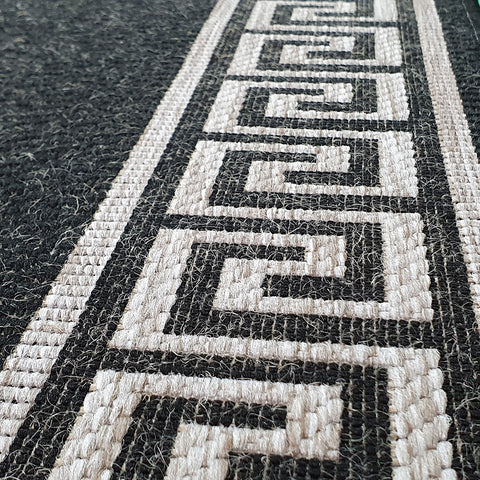 Black Rug Jute Look Flat Weave Hard Wearing Woven Carpet Grey Versace Style Bordered Geometric Pattern Small Large Hall Runner 60x230 80x150 80x250 120x170 160x230