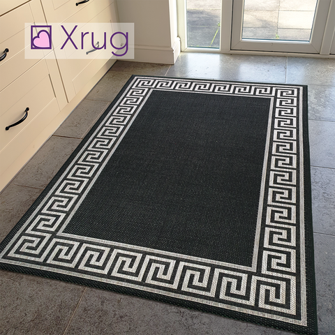 Black Rug Jute Look Flat Weave Hard Wearing Woven Carpet Grey Versace Style Bordered Geometric Pattern Small Large Hall Runner 60x230 80x150 80x250 120x170 160x230