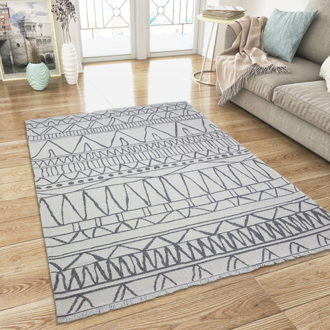 Cotton Rug Washable Cream Grey Aztec Pattern Large & Small Flatweave Natural Bedroom Living Room Carpet Mat with Tassels