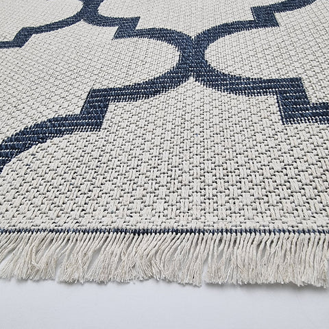 Runner Rug with Tassels Cream Navy Blue Cotton Runner 300cm Long