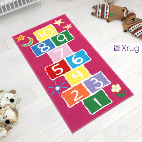 Kids Rug Girls Hopscotch NON SLIP MACHINE WASHABLE Pink Nursery Play Mat for Girls Bedroom Playroom 80x150cm