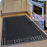 Kitchen Rug Black Grey Silver Border Pattern Hard Wearing Flat Weave Carpet Indoor Floor Mat