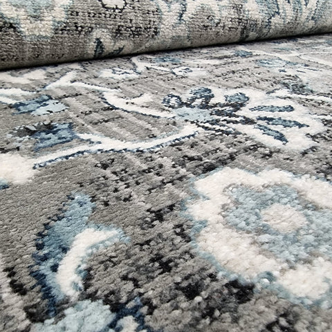 Traditional Oriental Rugs Grey Blue Colours Border Floral Pattern Large Carpet