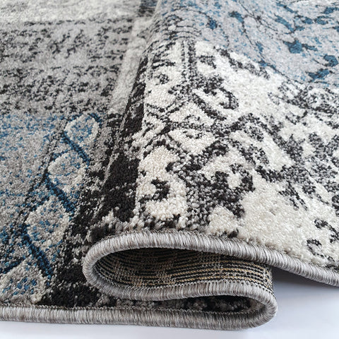 Modern Rug Grey Brown Blue Patchwork Pattern Carpet Large Living Room Check Mat