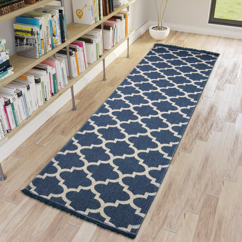 Runner Rug Navy Blue 300cm Cotton Machine Washable with Tassels Natural Runner for Bedroom Hallway