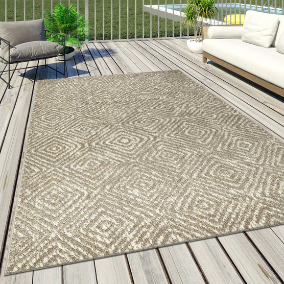 Outdoor Rug for Decking Patio Beige Geometric Pattern Diamond Extra Large Small Garden Rug Mat