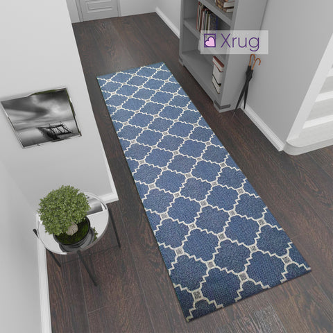 Modern Navy Blue Light Grey Cotton Runner Rug Moroccan Trellis Pattern Washable Hallway Long Carpet Wooven Hall Mat -75x300cm Flatweave Living Room Bedroom Area Mat Contemporary