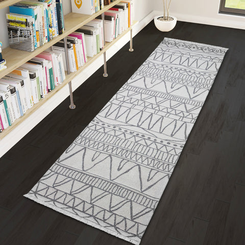 Cotton Runner Rug 300cm Cream Grey with Tassels Aztec Machine Washable Natural Runner for Bedroom Hallway