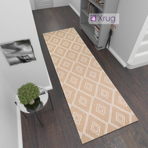 Modern Beige Yellow Cream Runner Rug Geometric 100% Cotton Washable Woven Hallway Hall Flat Weave Carpet Natural Diamond Patterned Mat - 75x300cm  Living Room Bedroom Floor Area Mat Contemporary