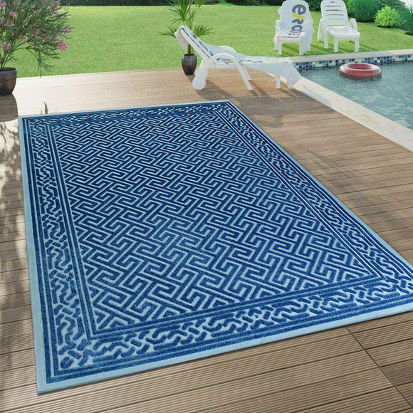 Navy Outdoor Rug Greek Key Border Pattern Large Small for Garden Patios Decking Gazebo Soft Woven Mat