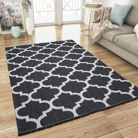 Cotton Rugs Washable Black Trellis XL Large & Small Flatweave Natural Living Room Bedroom Carpet