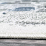 Abstract Living Room Area Rug, Blue Grey White Cream, Low Pile, Non-Shedding