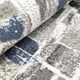 Abstract Living Room Area Rug, Blue Grey White Cream, Low Pile, Non-Shedding