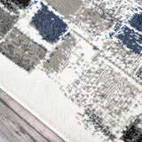 Abstract Living Room Area Rug, Blue Grey White Cream, Low Pile, Non-Shedding