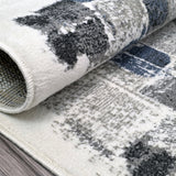 Abstract Living Room Area Rug, Blue Grey White Cream, Low Pile, Non-Shedding