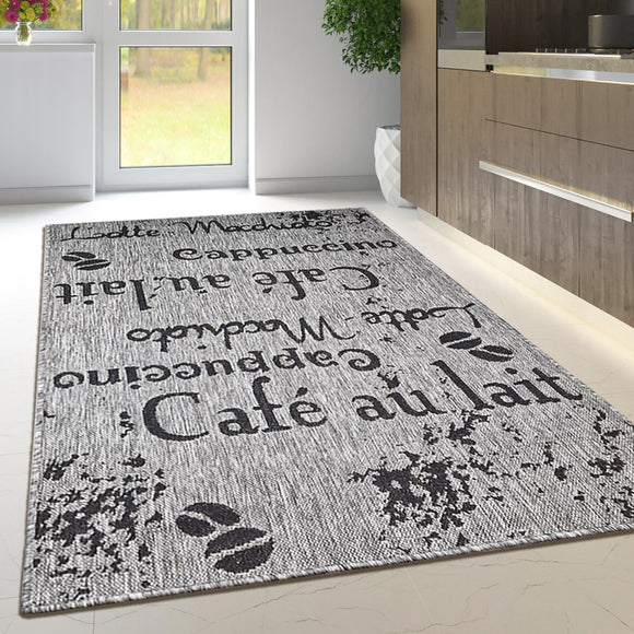 Non Slip Rug for Kitchen Living Room Grey Coffee Design Flat Weave Natural Look Durable Area Mat