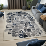 Abstract Living Room Area Rug, Blue Grey White Cream, Low Pile, Non-Shedding