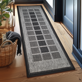 Non-Slip Rug for Kitchen Grey Black Check Design Flat Weave Natural Look Durable Anti-Slip Area Mat
