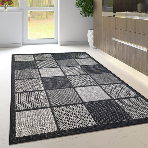 Non Slip Rug for Kitchen Living Room Black Check Flat Weave Natural Look Durable Area Mat