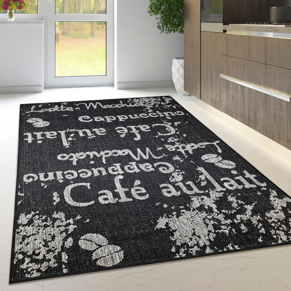 Non Slip Rug for Kitchen Living Room Black Coffee Design Flat Weave Natural Look Durable Area Mat