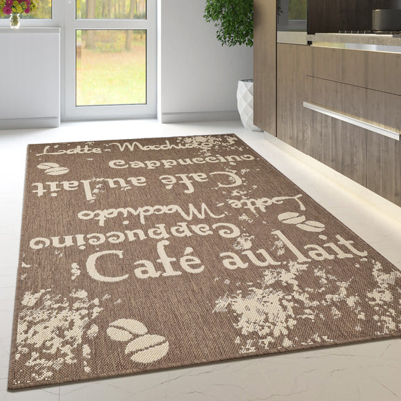 Non Slip Rug for Kitchen Living Room Brown Coffee Design Flat Weave Natural Look Durable Area Mat