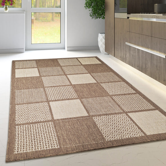 Non Slip Rug for Kitchen Living Room Brown Check Flat Weave Natural Look Durable Area Mat