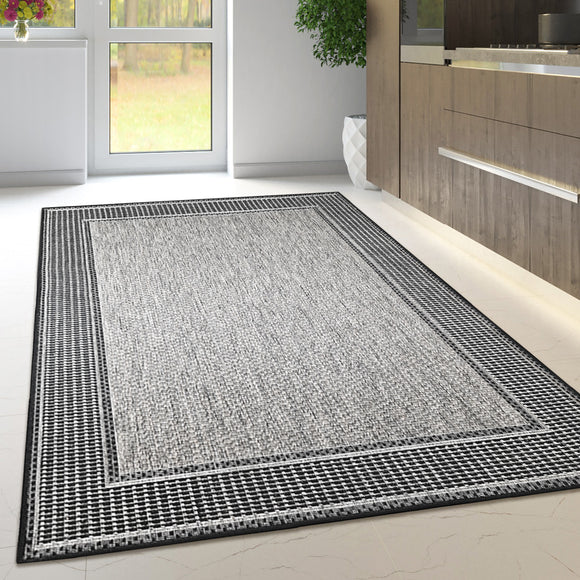 Non Slip Rug for Kitchen Living Room Grey Border Designs Flat Weave Natural Look Durable Area Mat