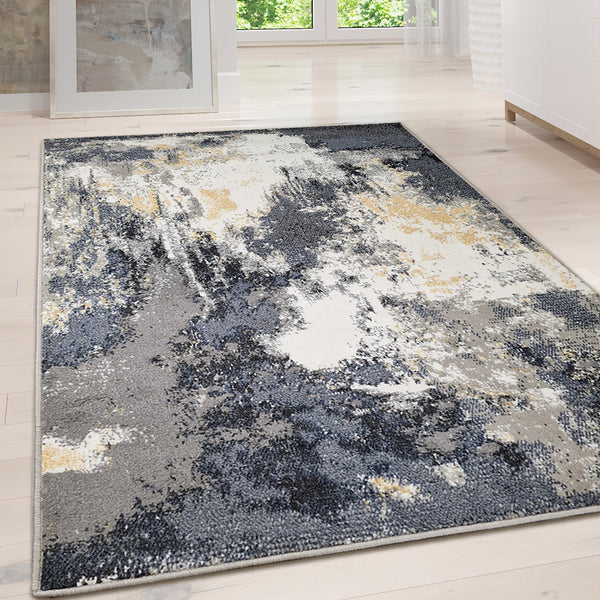 Rugshop Distressed Abstract Area Rug 8x10 - Polypropylene, Washable, Contemporary - Blue/Gray/Yellow