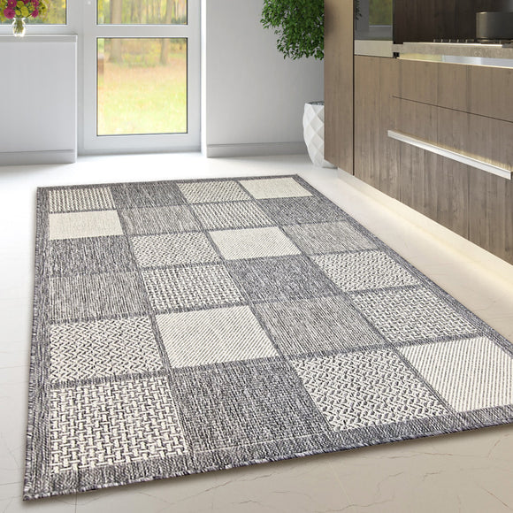 Non Slip Rug for Kitchen Living Room Grey Check Flat Weave Natural Look Durable Area Mat