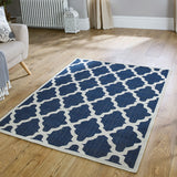 Anti Slip Rug Living Room Navy Blue Moroccan Trellis Flat Weave Carpet Small Large Runner