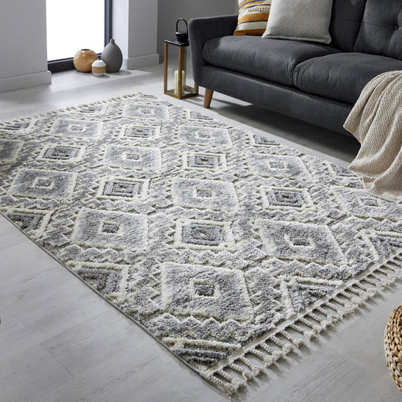 Grey Rug Bedroom Geometric Tufted 3D Diamond Pattern Woven Carpet Tassels Mat