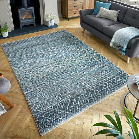 Modern Blue Rug Grey Beige Navy Teal Denim Diamond Check Moroccan Pattern Carpet