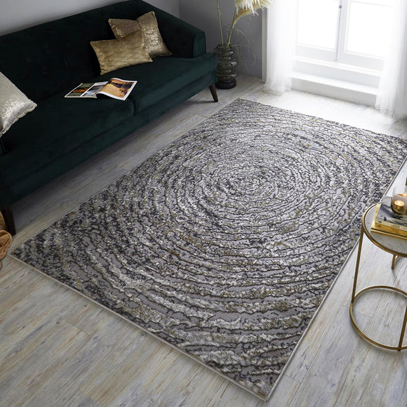 Grey Rug Modern Geometric Gold Cream Circle Pattern Bedroom Carpet Woven Mat New