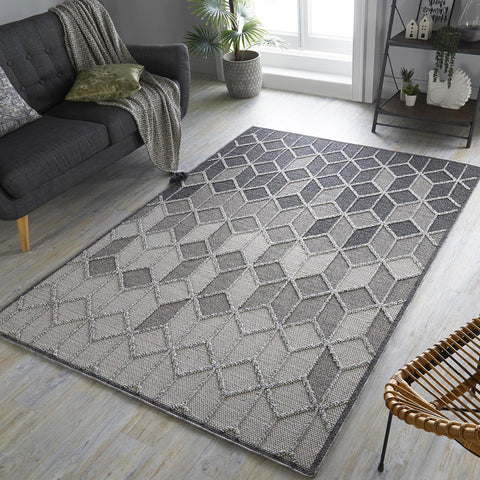 Flat Pile Rug Grey Beige Modern Tufted Diamond Geometric Pattern Carpet Area Mat