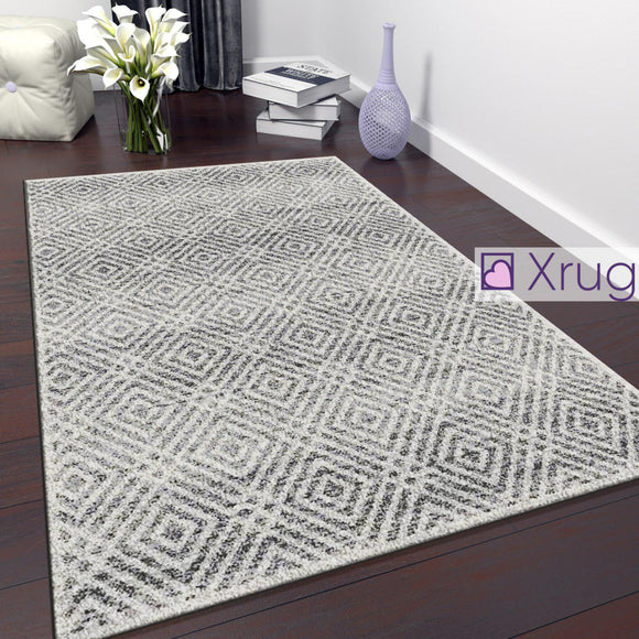 Geometric Rug Cream Grey Check Pattern Mat New Modern Bedroom Carpet Small Large