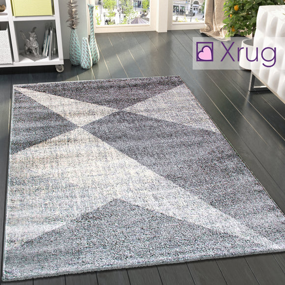 Grey Cream Rug Geometric Pattern Woven Low Pile Carpet Mat for Living Room or Bedroom