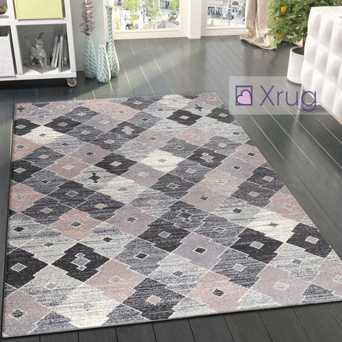 Dusty Pink Grey Rug Geometric Pattern Small Large Carpet Woven Living Room Bedroom Mat