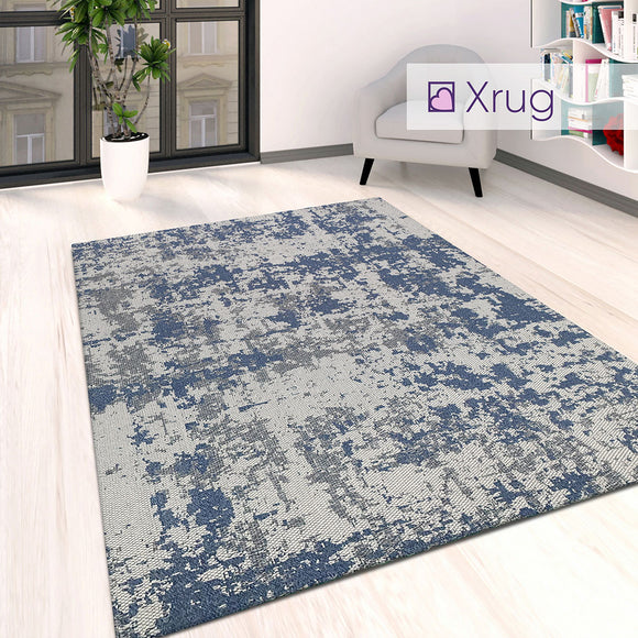 Blue Grey Rug Navy Distressed Design 100% Cotton Large Small Runner Carpet Mat Washable Cotton Rug