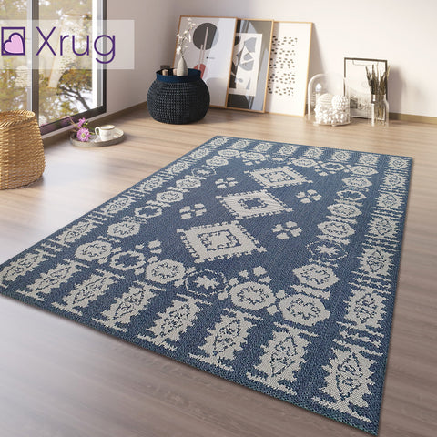 Navy Blue Rug 100% Cotton Washable Rugs Runners Moroccan Pattern Flat Weave Area Mat Large Small