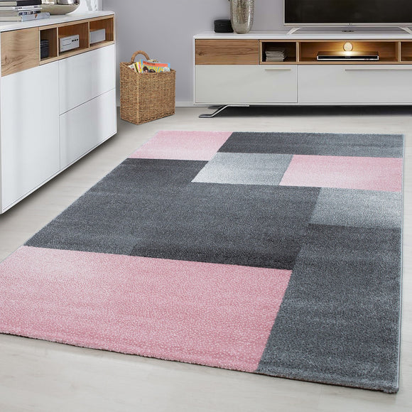 Modern Geometric Rug Pink and Grey Check Design Mat Extra Large Small Bedroom Living Room Carpet Mat