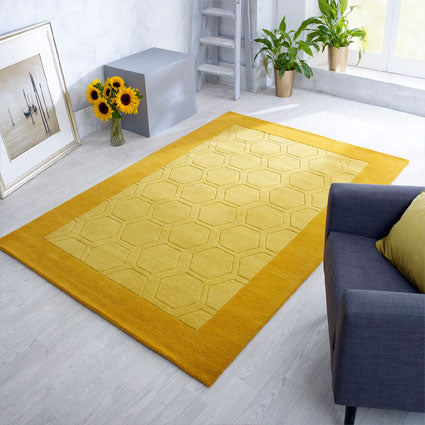 Wool Mustard Yellow Rug Natural HANDWOVEN Carpet Bordered Geometric Design Mats
